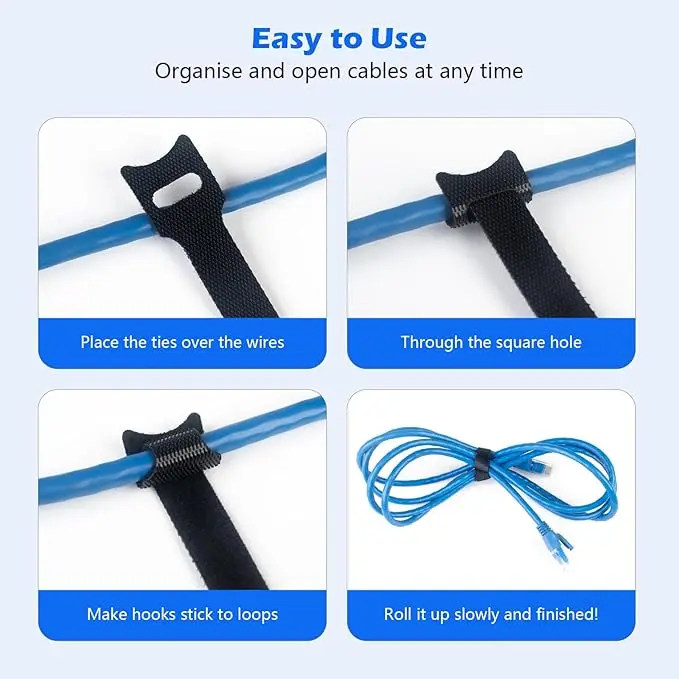 Best-Selling Adjustable Reusable Cable Ties Black Polyester Management for Home Office Desktop Charging Cables