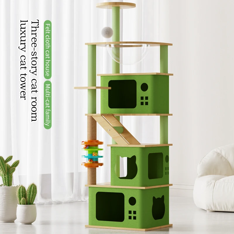Factory discount green wooden sisal scratching cat tree condo with pet house pet toys large scratcher wooden cat tree tower