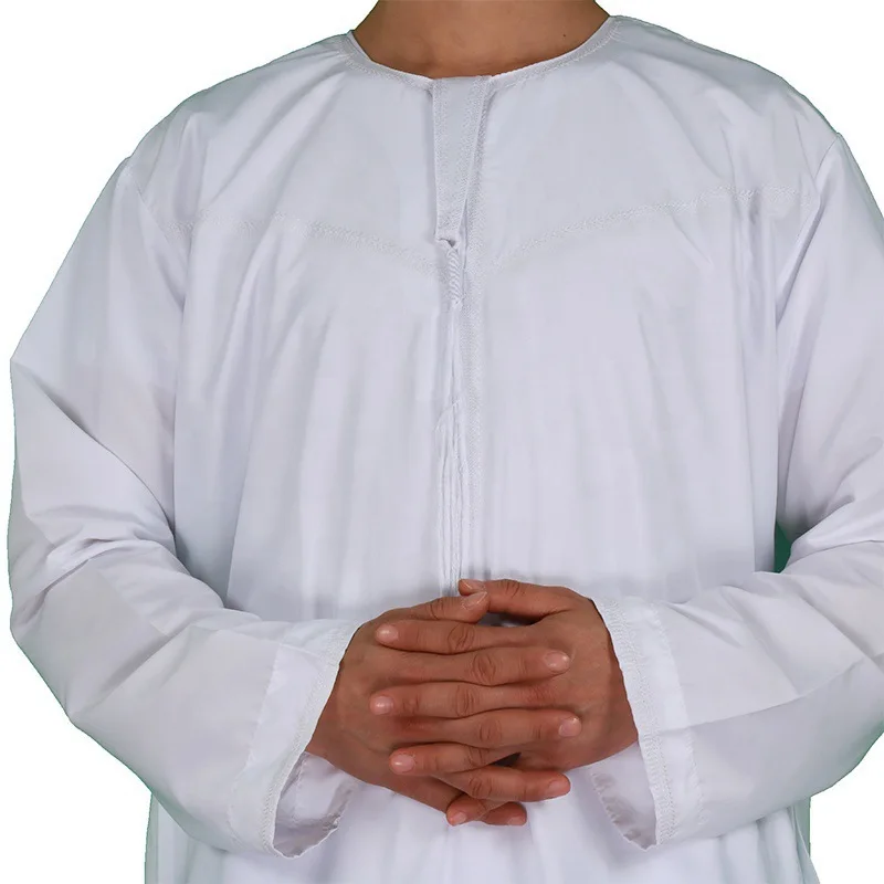 Custom Classic White Color Saudi Men Arab Button Up Long Gown Kaftan Traditional Ethnic Thobe with Pockets