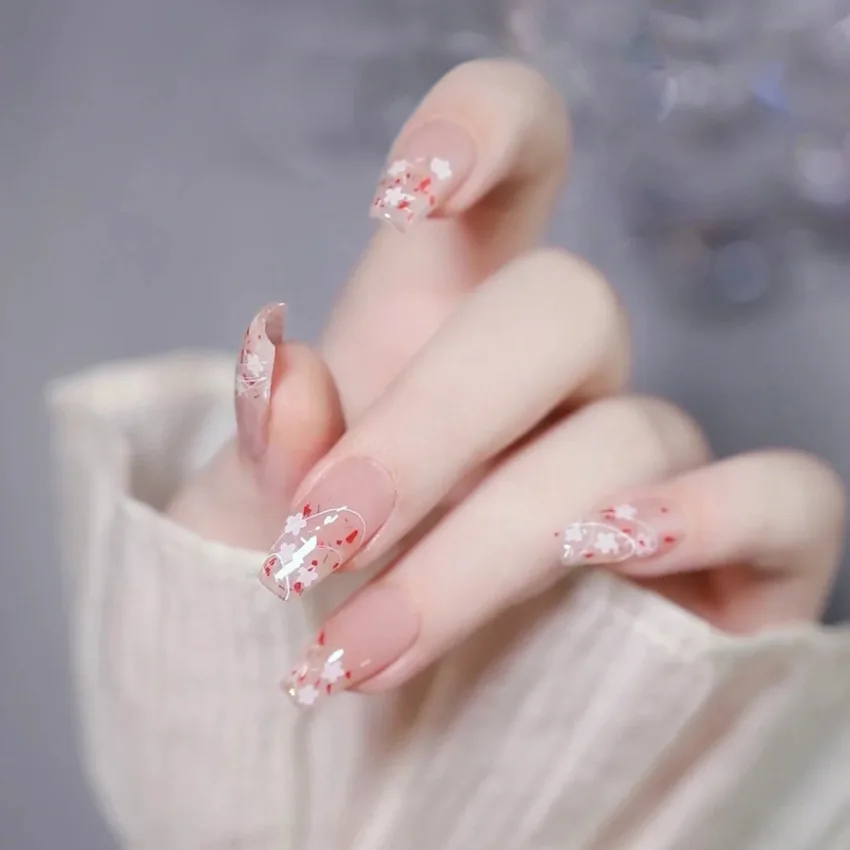 X1-100 Wearable manicure patch fake nail finished detachable flower long coffin ballet false press on nail tips