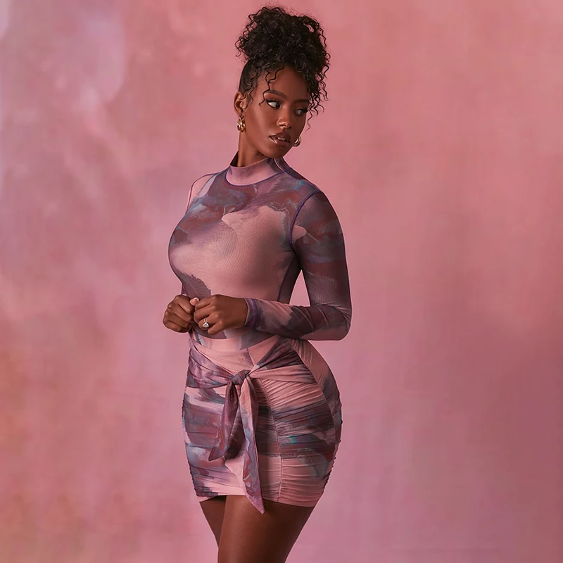 Ladies Sexy Casual Rompers Sexy Mock Neck Long Sleeve Slim Fitted One Piece Bodysuits Jumpsuit Women Tie Dye Bodysuit