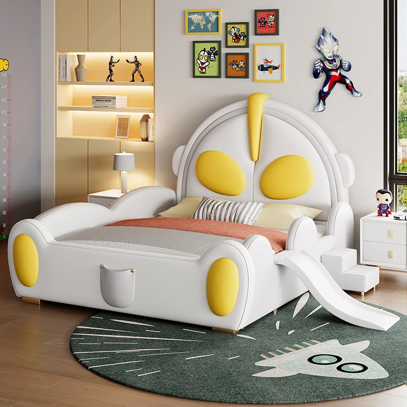 Ultraman single bed Solid wood with guardrail soft cover headboard slide Cartoon castle boy leather bed