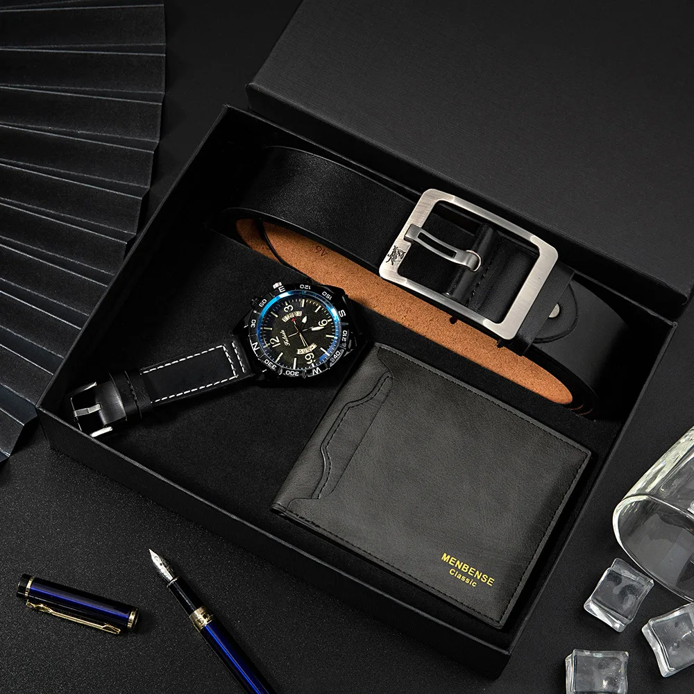 Wholesale Business Gift Leather Belt Wallet Watch 3 Pcs Set Wallet Watch Set For Man