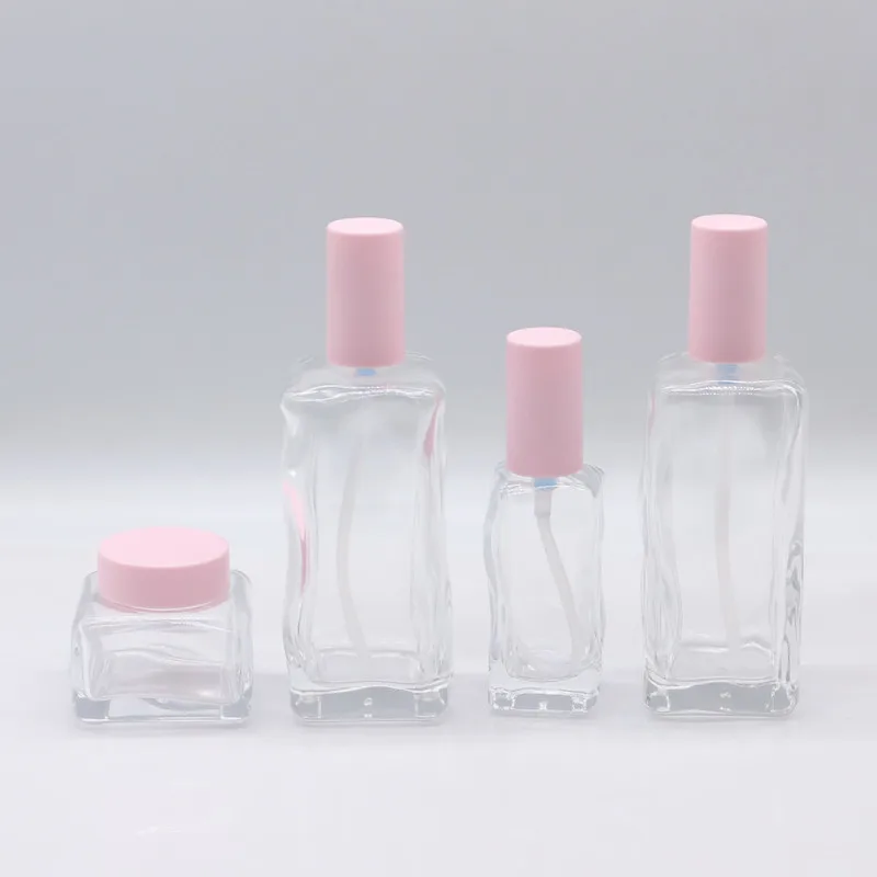 Matte Pink Lid 30ml 120ml 150ml Special Shape Square Glass Serum Pump Bottles 50 gram Skincare Cream Jars