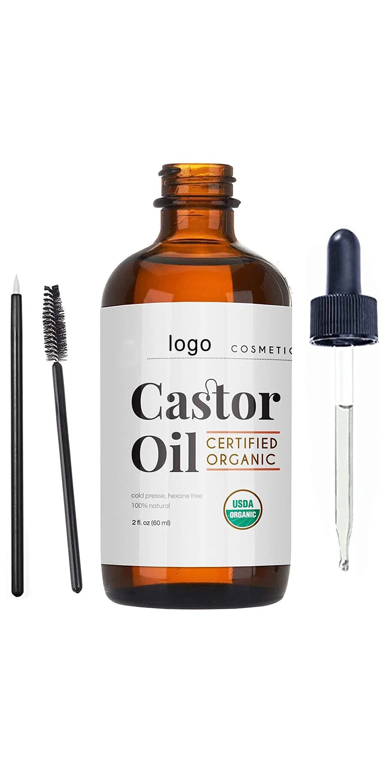 Custom logo 2oz 100% Pure Cold Pressed Organic Castor Oil Stimulate Growth for Eyelashes Eyebrows and Hair