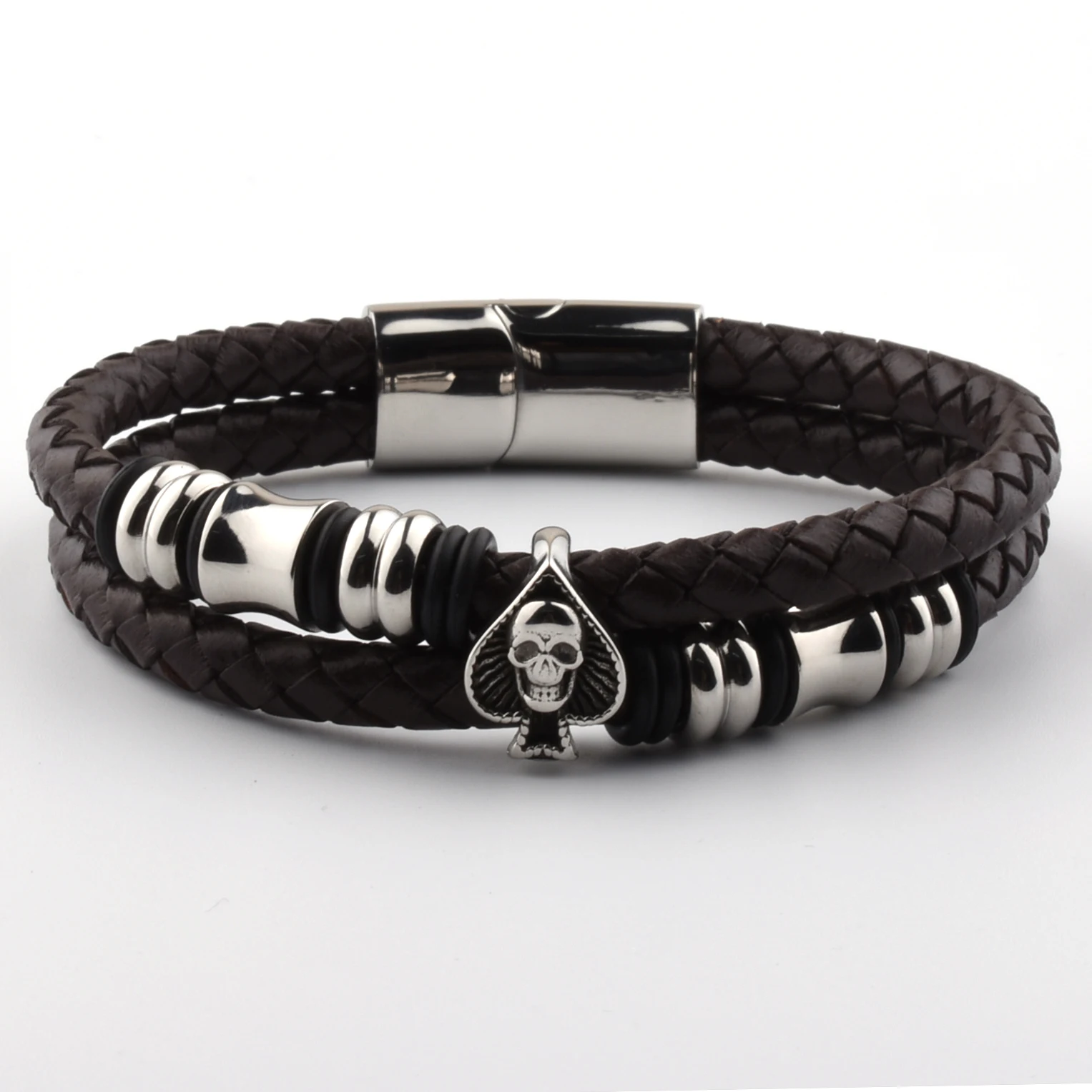 Hot Sale Item Interesting Stainless Steel Skull Silver lated Truth Leather Amega Magnetic Truth Leather Bracelet