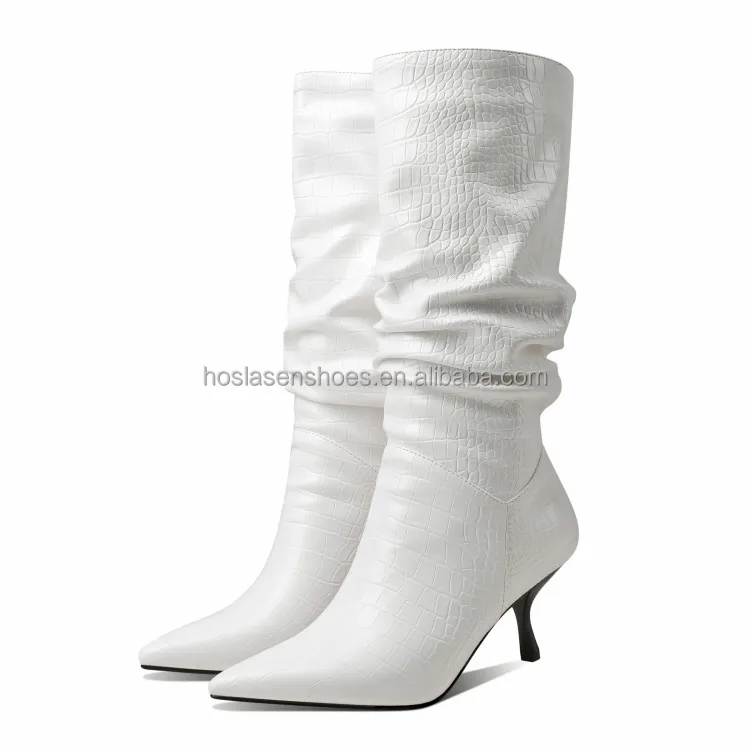 Hoslasen shoe factory white crocodile leather elastic half boots unique heel for shoes 2022 new arrivals