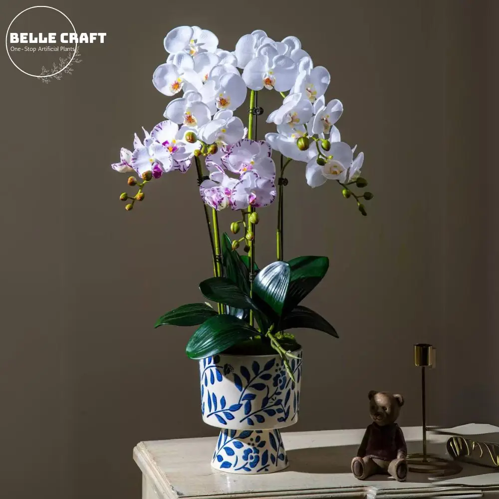 Высококачественная искусственная Орхидея, белый цветок с керамическим горшком