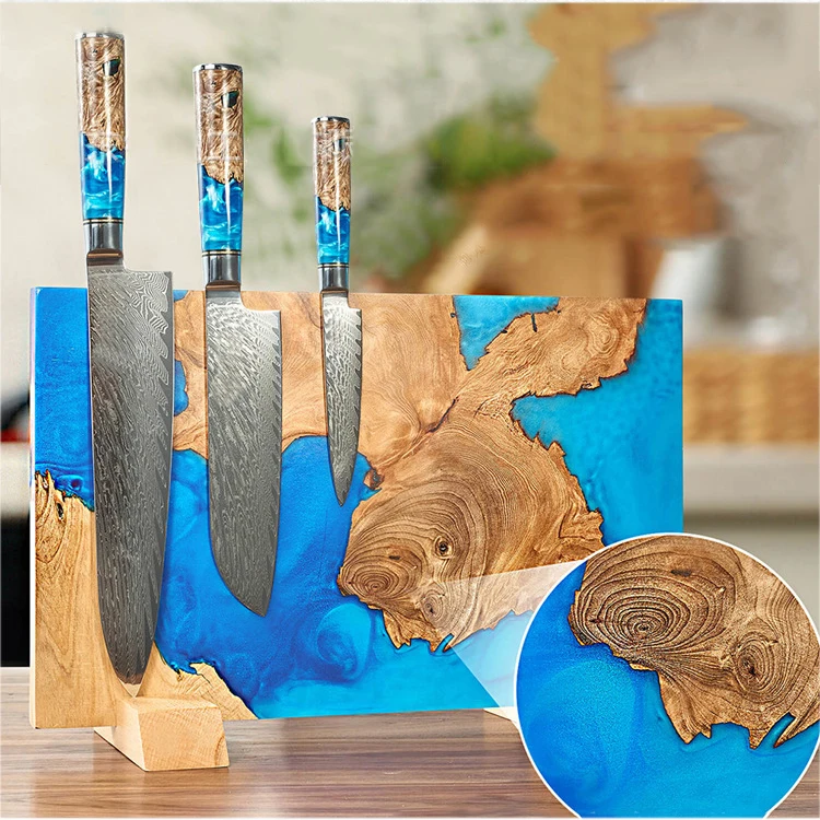 Multifunctional Kitchen Double Sided Vegetable Custom Wood Wooden Epoxy Resin Chopping Cutting Board Set Magnetic Knife Holder
