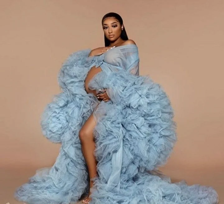 Maternity Photography Dresses pregnant women wedding dress low-cut long tail gauze Tulle Ruffle Robe Photo Shoot Dress