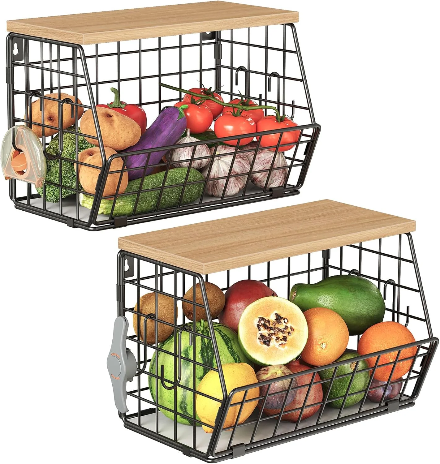 Fruit Bowl Basket For Kitchen Counter Stackable Wall Mounted Hanging Wire Basket With Wood Lid With Banana Hanger Hooks