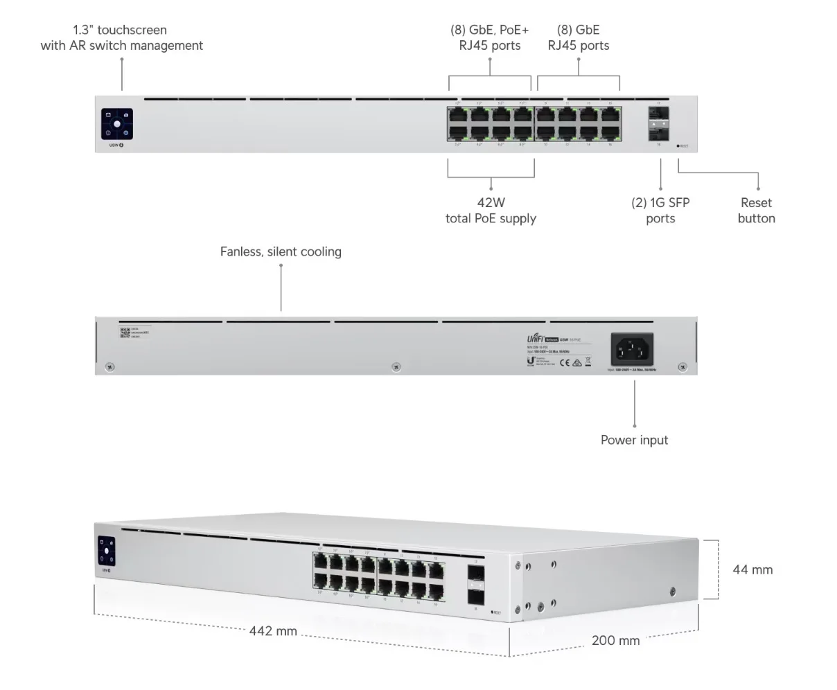Оригинальный Новый USW-16-POE Ubiquiti UniFi слой 2 RJ45 16-портовый гигабитный переключатель poe