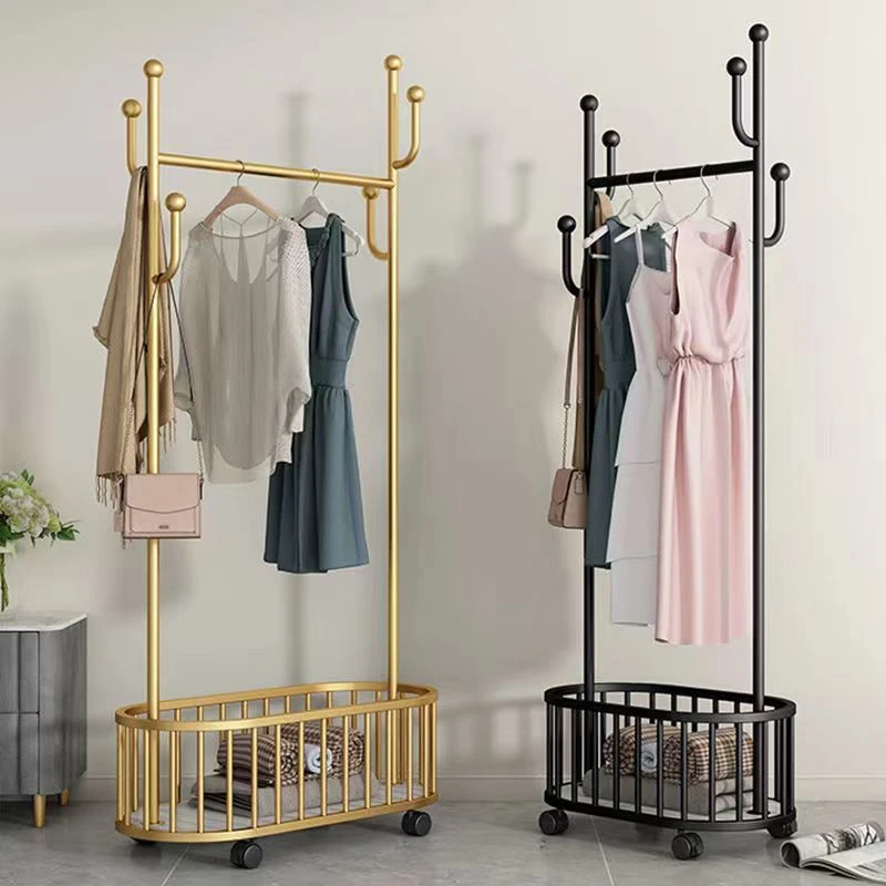 New Listing Light luxury floor drying clothes rack with storage basket bedroom balcony clothes hat rack removable hangers