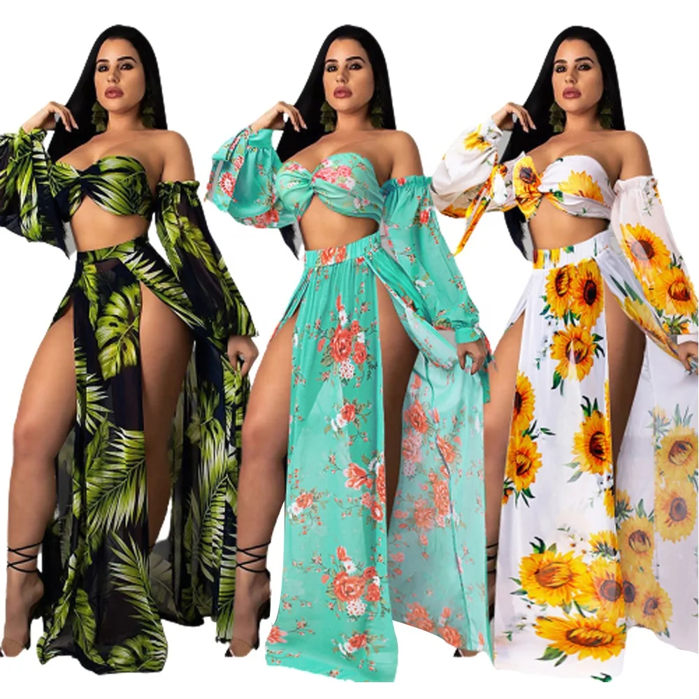Women Printing 5PCS Swimwear & Beachwear Long Sleeves Strapless High Waist Sexy Bikini Swimsuit With Bikini Cover Ups