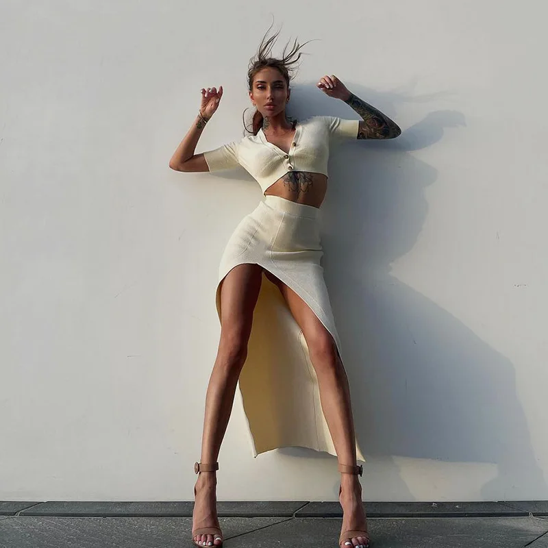 Wholesale 2022 summer new short sleeved top, Hip Wrap long skirt, two-piece set, high split fashion leisure suit