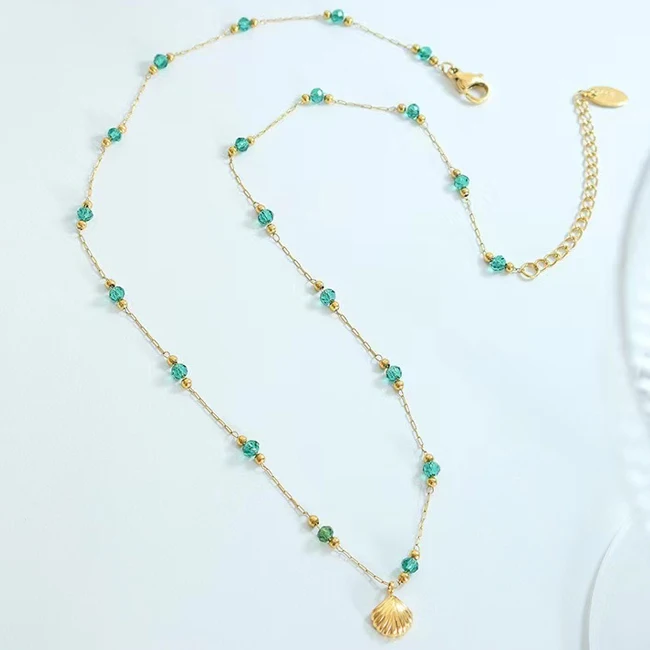 Emerald Crystal Sea Shell Pendant Necklace Stainless Steel Jewellery for Women 18K Gold Plated Waterproof Jewelry collier femme