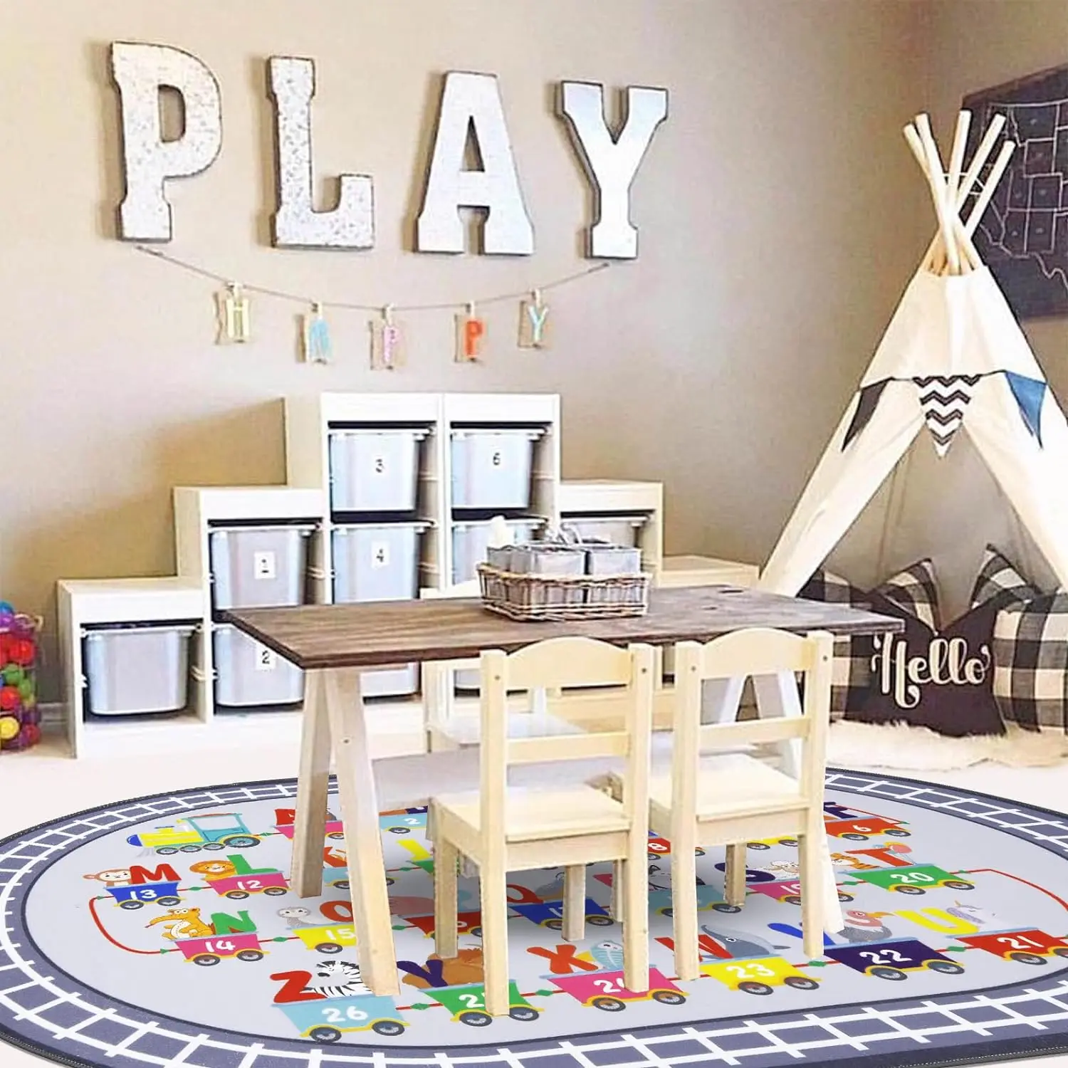 Kids Rug Carpet Oval ABC Alphabet Numbers Train and Road Educational Classroom Rug Baby Play Mat Learning Game Decor Grey Rug