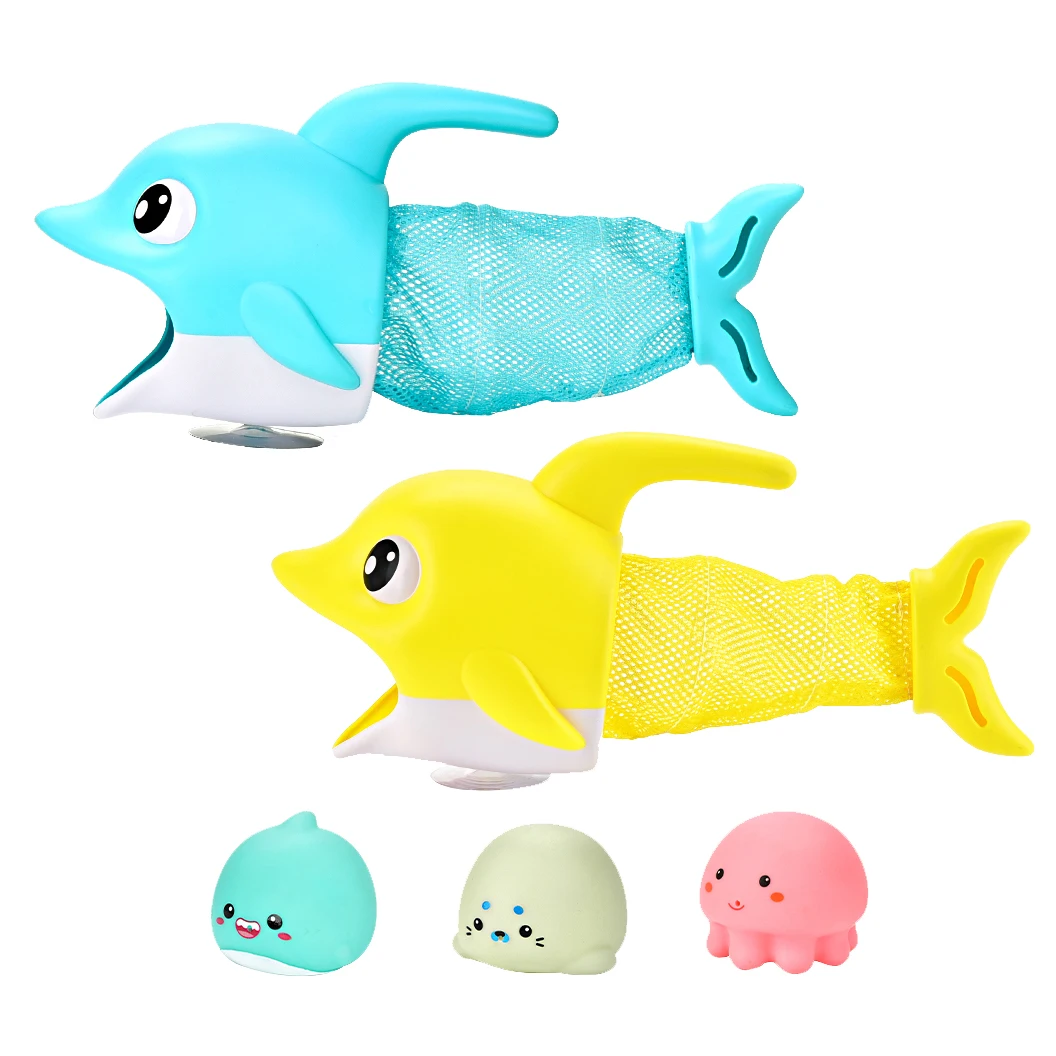 2024 Kids new fun bathtub floating water spray toy cartoon suction cup dolphin bathroom fish net toy
