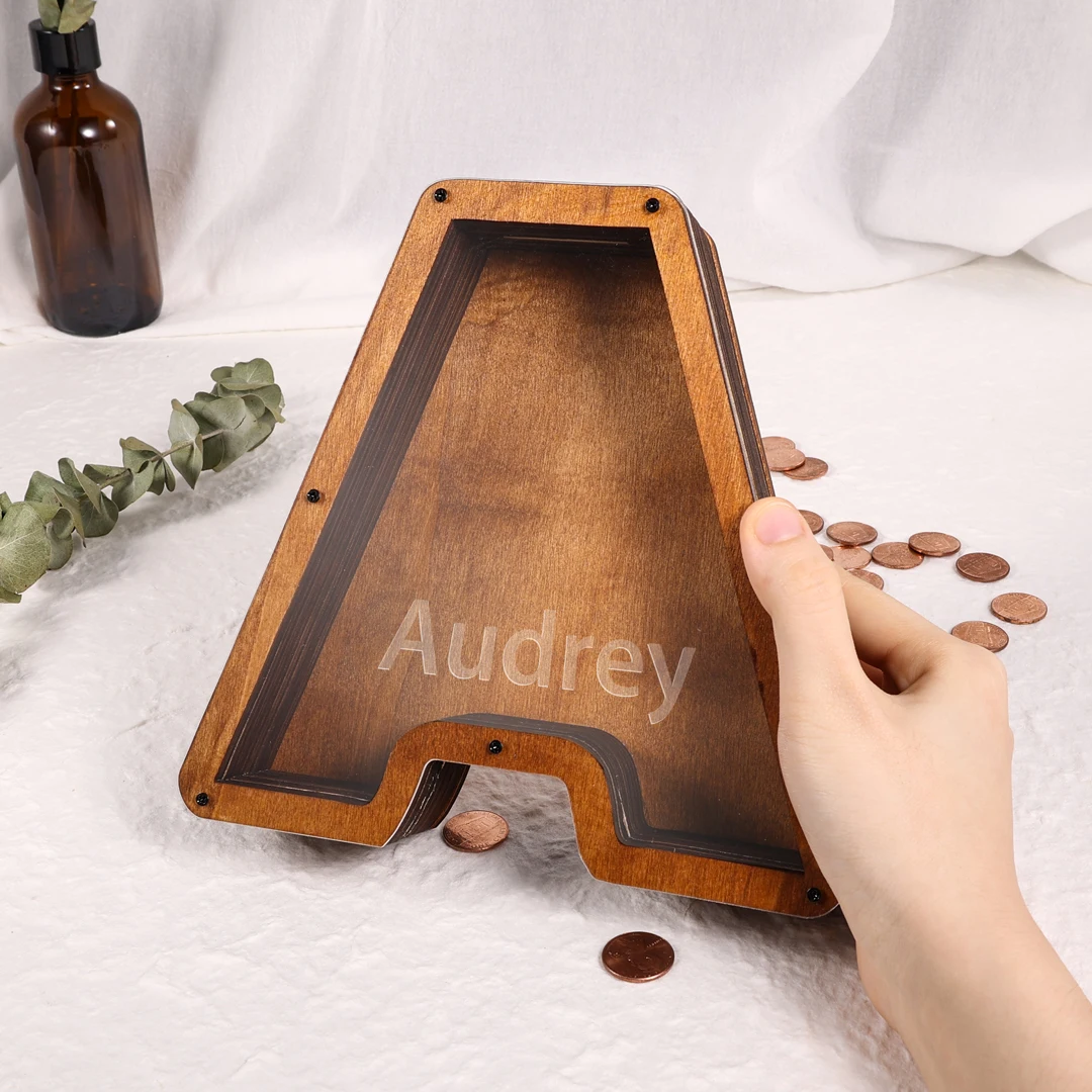 A-Z Letter Wooden Piggy Banks,Engraved Name On Acrylic Saving Money Boxes