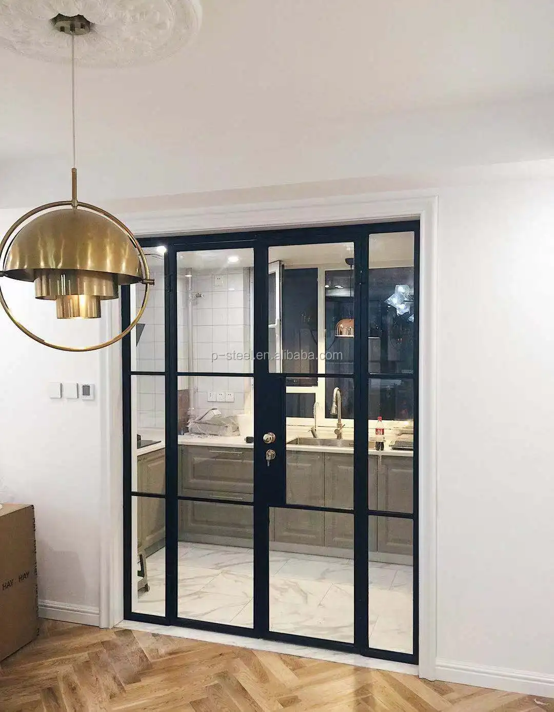 Galvanized steel tube clear tempered glass double glazed single swing door double french doors with grill design