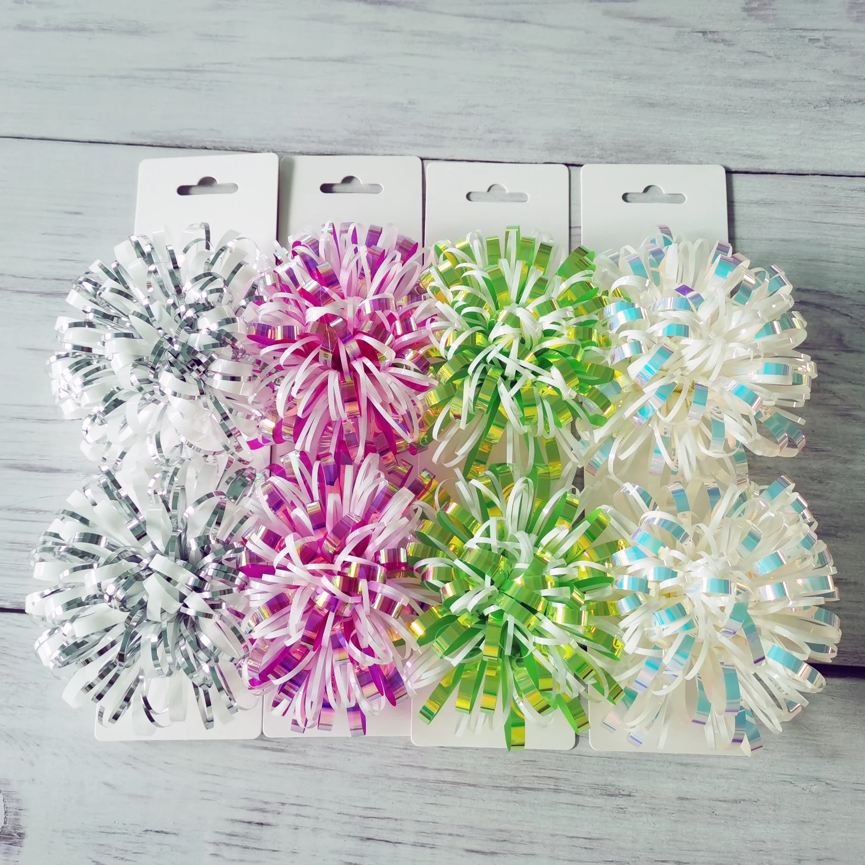 New Arrival Iridescent PET Ribbon Pom Pom Fancy Bow Rainbow Flower Ribbon for Present Wrapping Birthday Wedding Party Decor