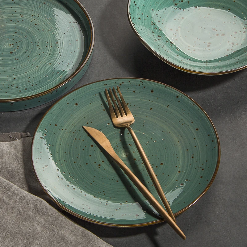 Vintage Green Glazed Plates Sets Dinnerware Restaurant Hotel Supplies Dinner Plates Rustic Ceramic Shallow Dishes Plates Set