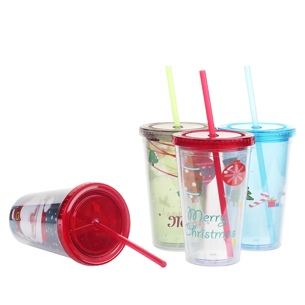 Promotional eco friendly wine coffee clear reusable custom 16oz glitter tumbler cups double wall plastic tumbler with straw