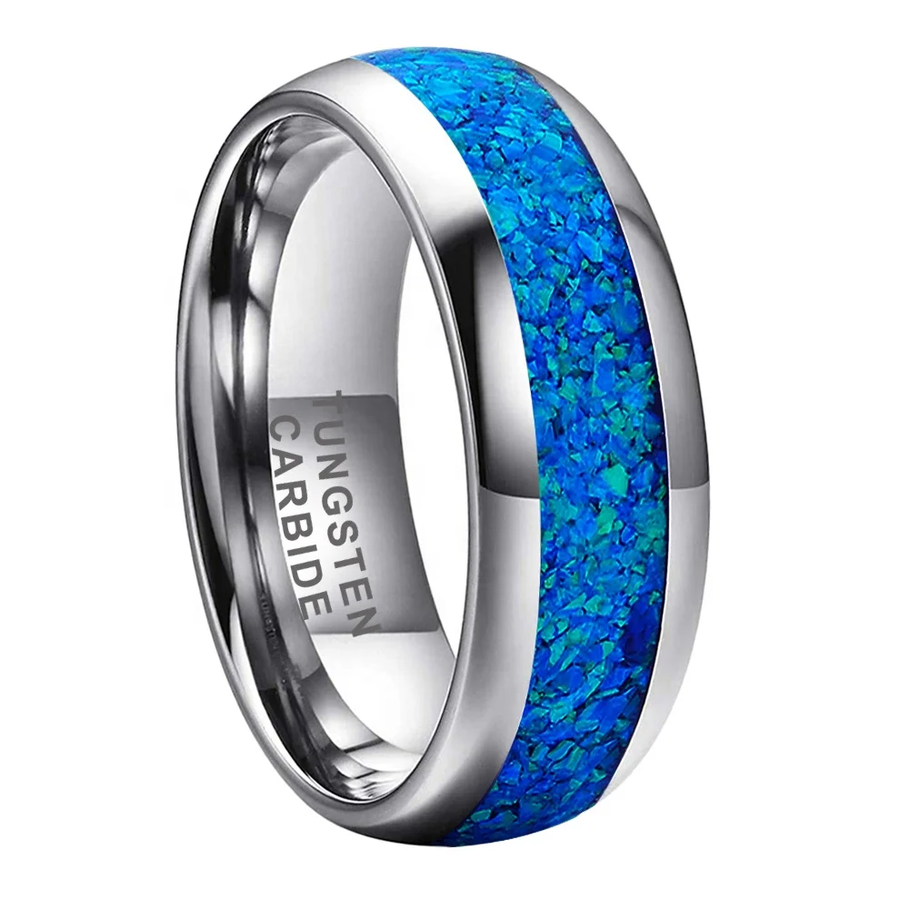 Coolstyle Jewelry 8mm Tungsten Carbide ring for Men Women Fashion Engagement Wedding Band Blue Opal Inlay Polished Comfort Fit