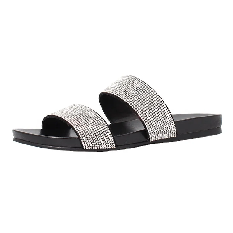 Fashion Trend Custom High Quality Glitter Crystal Slide for Women,Low MOQ Casual 2 Bands Footbed Slipper