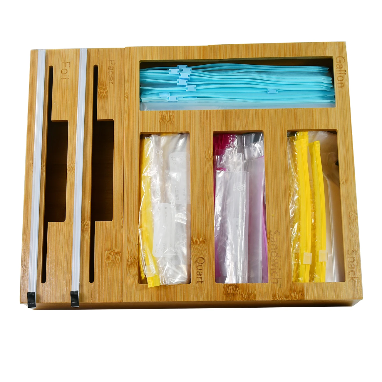 6 in 1 Zip Lock Bag Storage Organizer Box Bamboo Wood Film Wrap Aluminum Foil Dispenser with Cutter Wall Mount