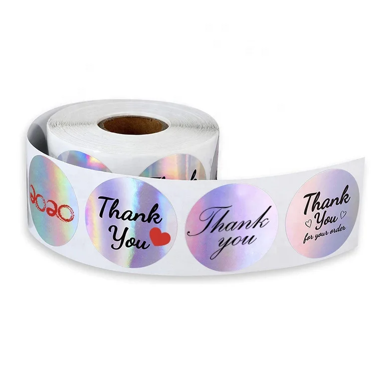 наклейка печать этикеток Oem розового и голубого цвета с голографической отделкой фиолетовый 1,5 дюйм (ов) Спасибо наклейки