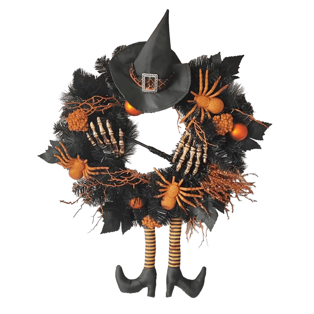 Senmasine Indoor Outdoor Decoration 24 Inch Orange Baubles Glitter Spider Broom Witch Hat Two Long Legs Halloween Door Wreath