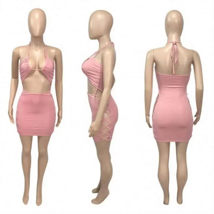 Latest Design New Arrivals Solid color Wrap top Bandage Bodycon Women Fashion Clothes Sexy Mini Dress
