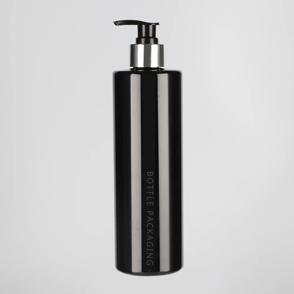 Luxury Black 17 oz Bathroom Soap Dispenser 500ml Cylinder Plastic Bottle PET Bottles Aluminium Pump Shampoo Bottle