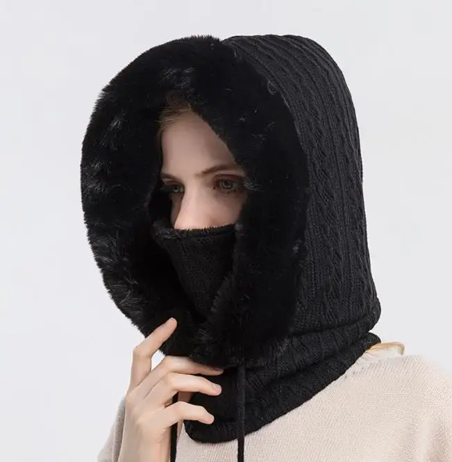 2022 winter woman hooded hats custom chunky thermal fleece balaclava ski hat