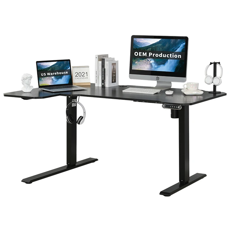 Free shipping L shape 59inch Single Motor 3 pieces top metal frame electric computer gaming desk