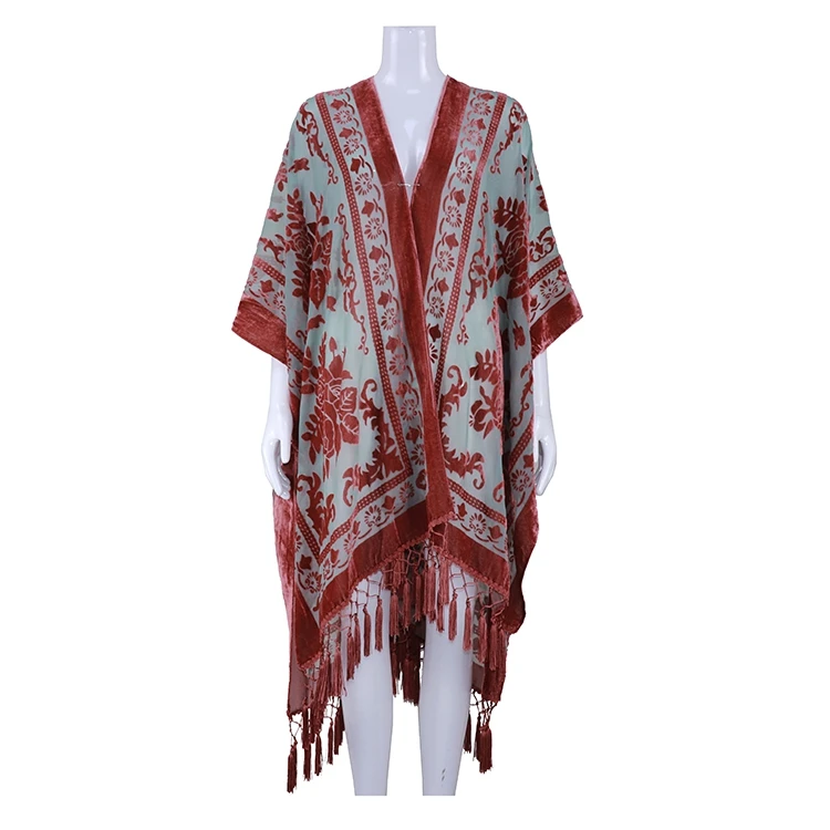 
Female silk burnout velvet kimono with tassel 