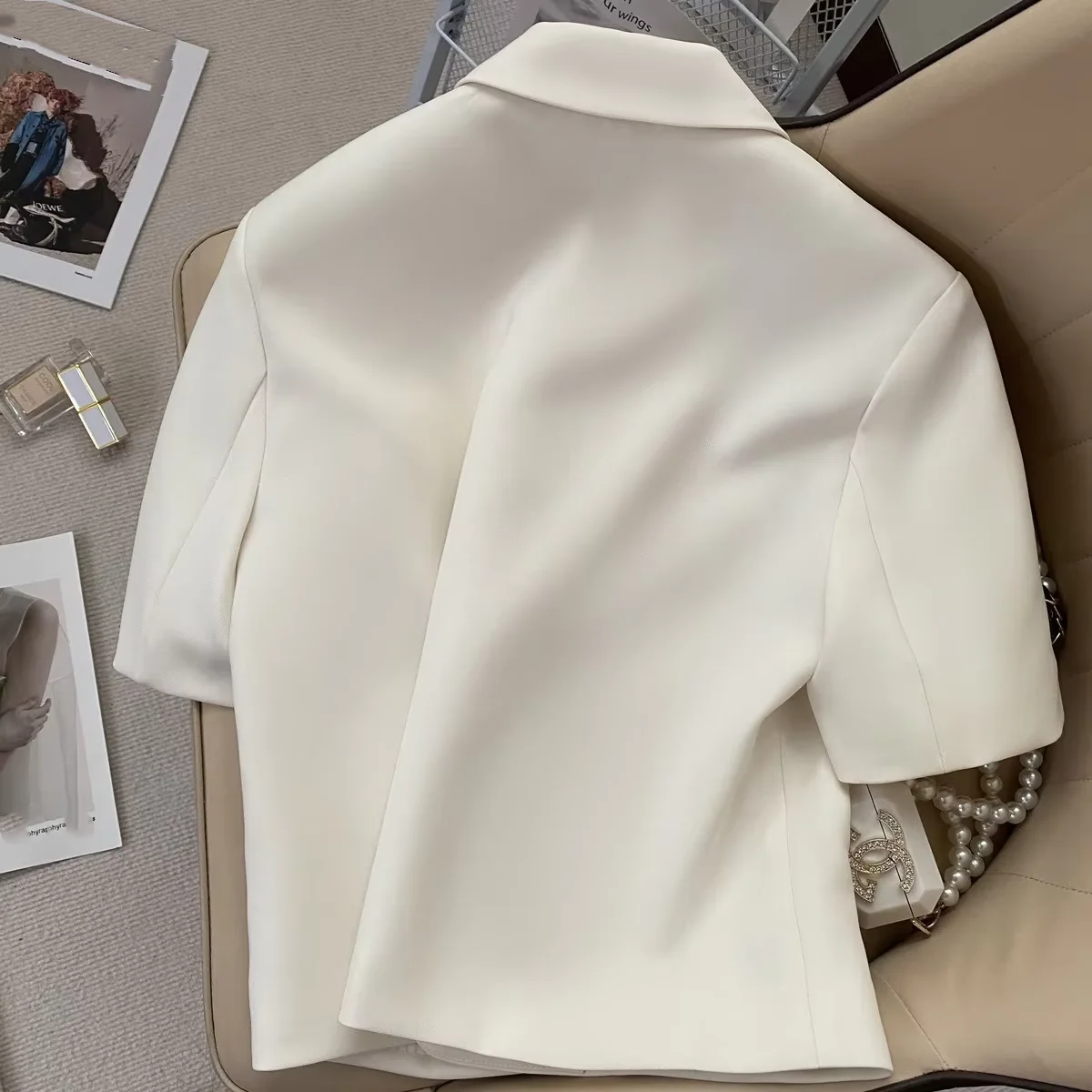 Summer Modest Classic Top Korean Chic White Jacket Short Sleeve Lapel Elegant Jacket Women Top