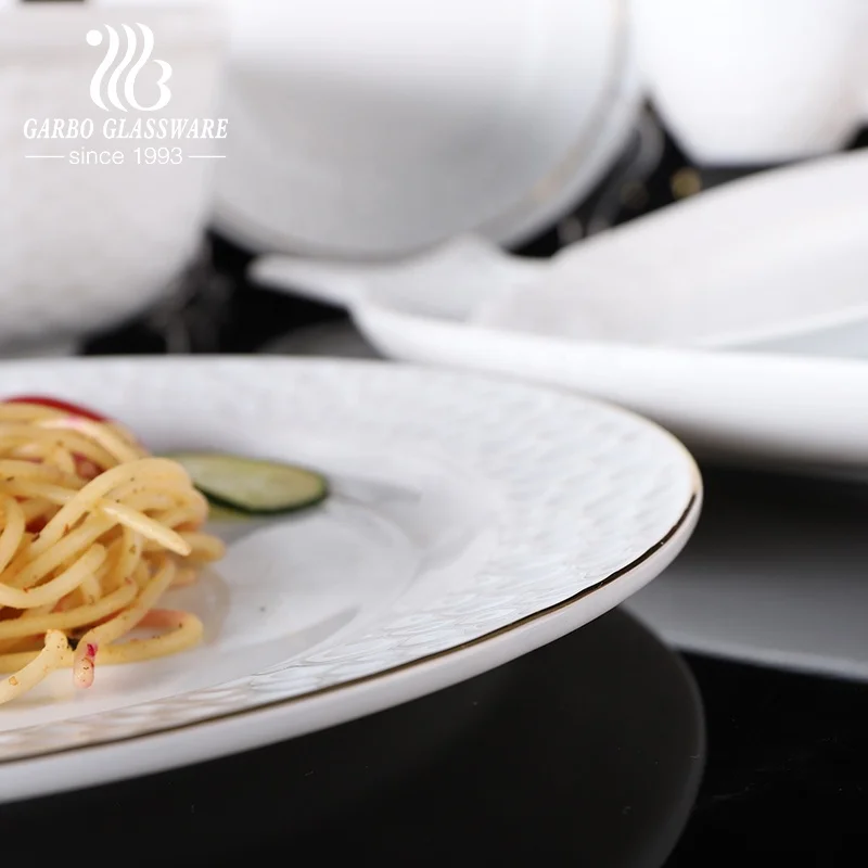 Microwave safe 26 33 58 72 pcs gold rim decal white opal glass tableware tempered dinner set with bowls plates saucer home use