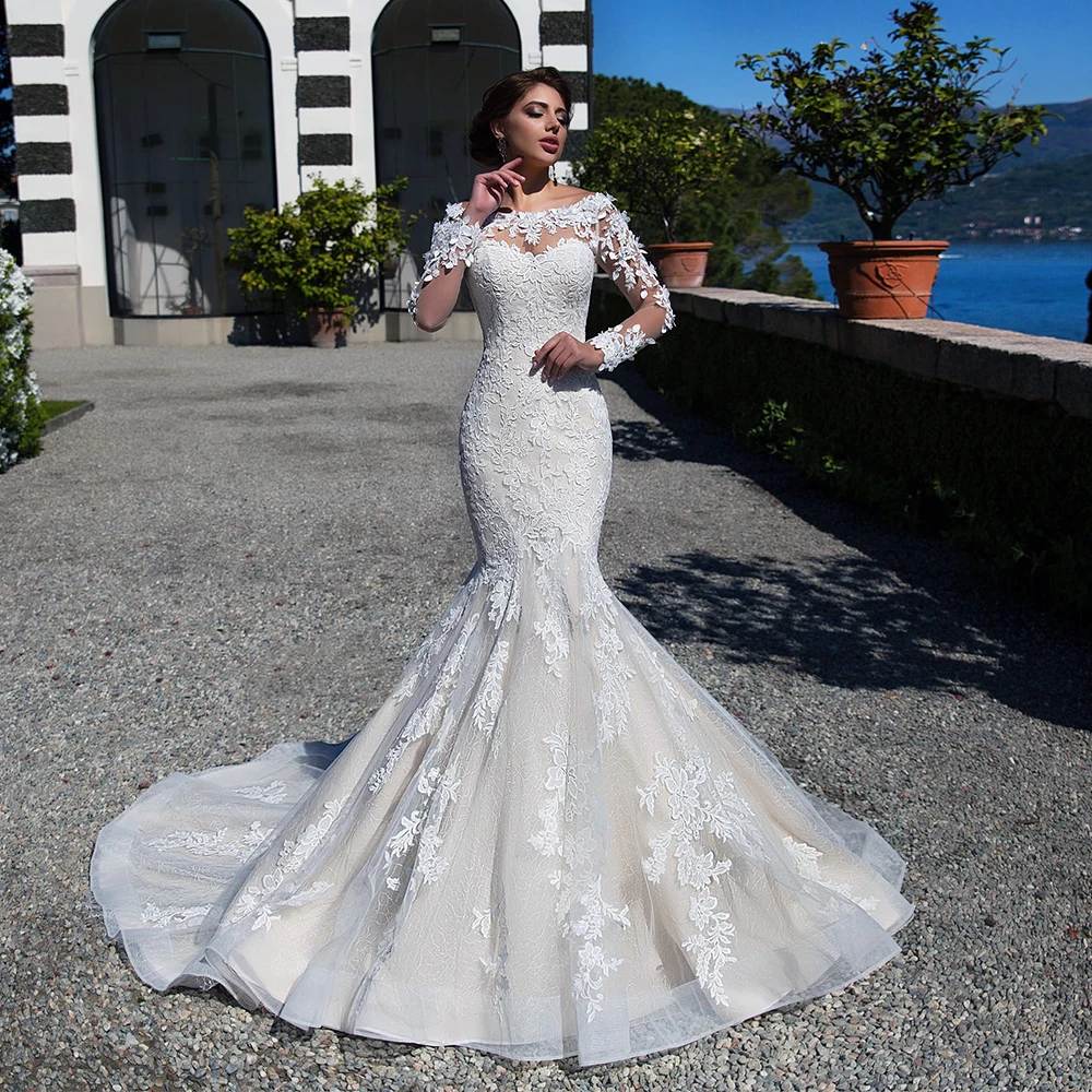Sexy Mermaid O Neck Full Sleeves Button Illusion Wedding Dresses Crystal Appliqued 2021 New Floor Length Bridal Gowns