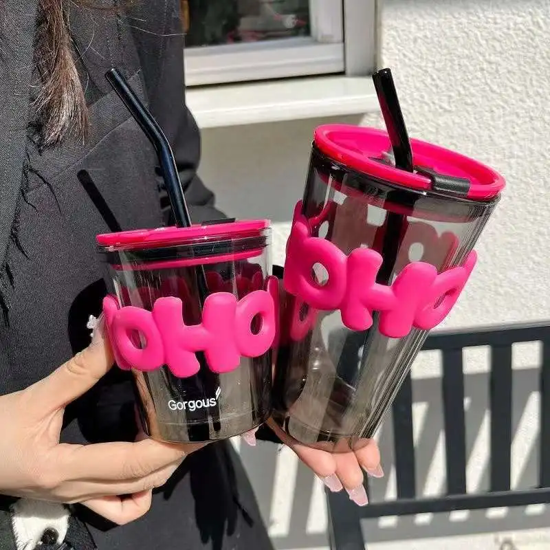 Ins Custom Logo Leather Straw Tumbler 450ml High Quality Glass Tumbler Mug For Student Girl