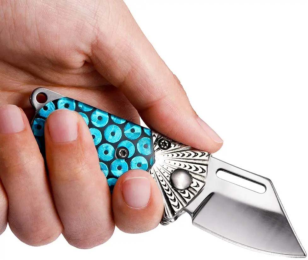  Folding Knife Small Pocket camping knife with Chrome and Blue Acrylic Handle for Camping Hunting