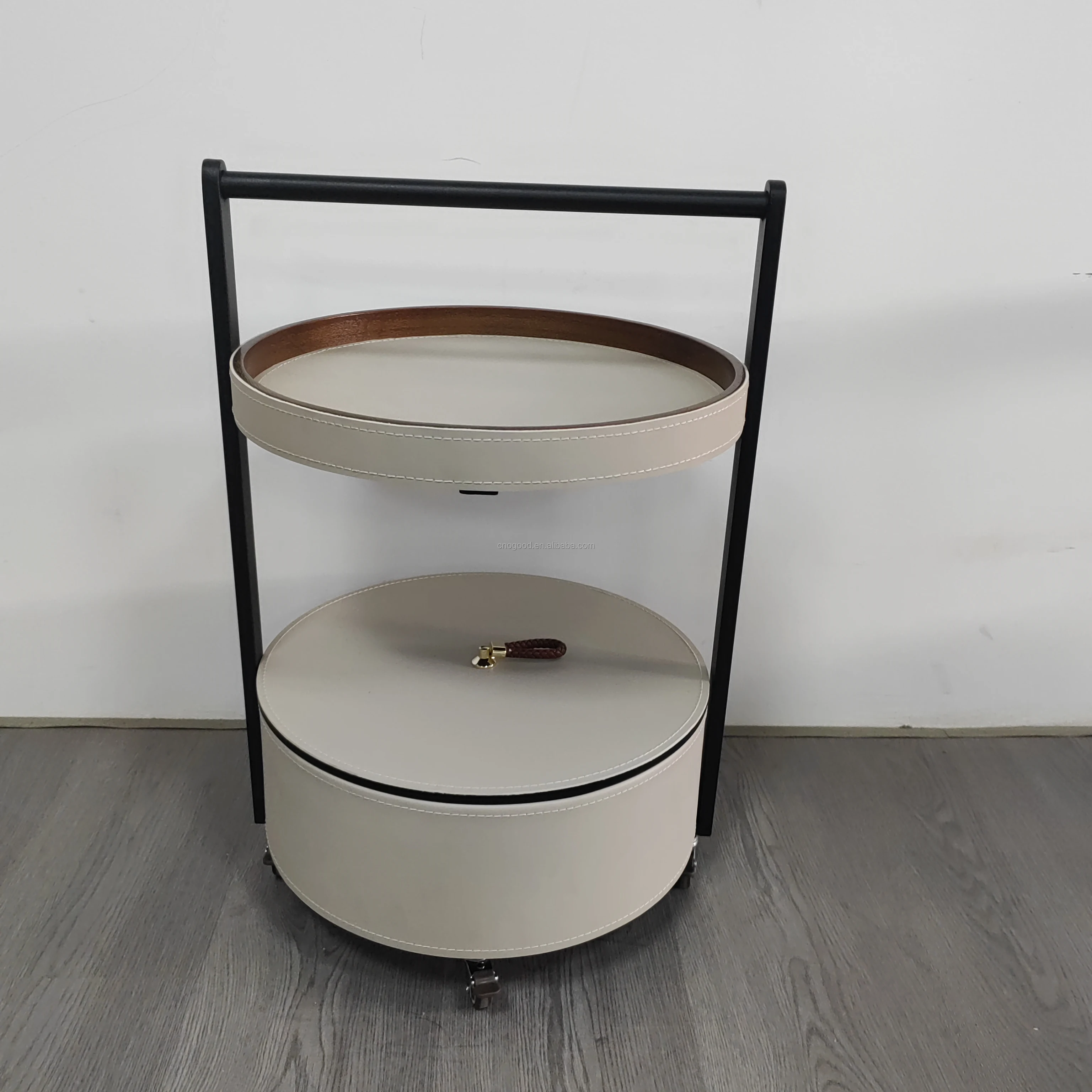Italian Style Rolling Storage Cart Stainless Steel Saddle Leather Bedside Table Modern Luxury Can Move The Sofa Side Table