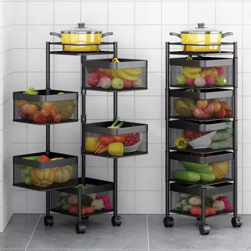 360 Rotating Shelf Floor-to-Ceiling Multi-Layer Storage Rotating Basket with Wheels, Kitchen Shelf Black