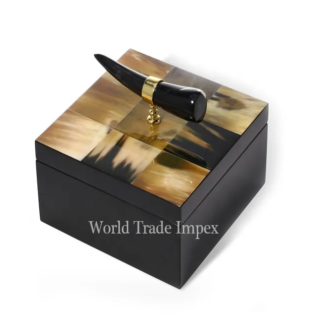 Lacquered MDF and buffalo horn strips inlay box for luxury gift packaging
