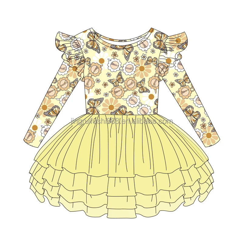 Wholesale Western Children Girls Mesh Tutu Skirt Yellow Gauze Layer Mini Dress for Kids