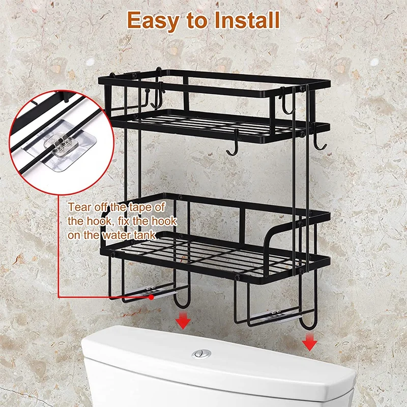 Over The Toilet Storage Shelf, 2-Tier Bathroom Organizer Shelf Bathroom Shelves Over Toilet with 4 Hanging Hooks,black