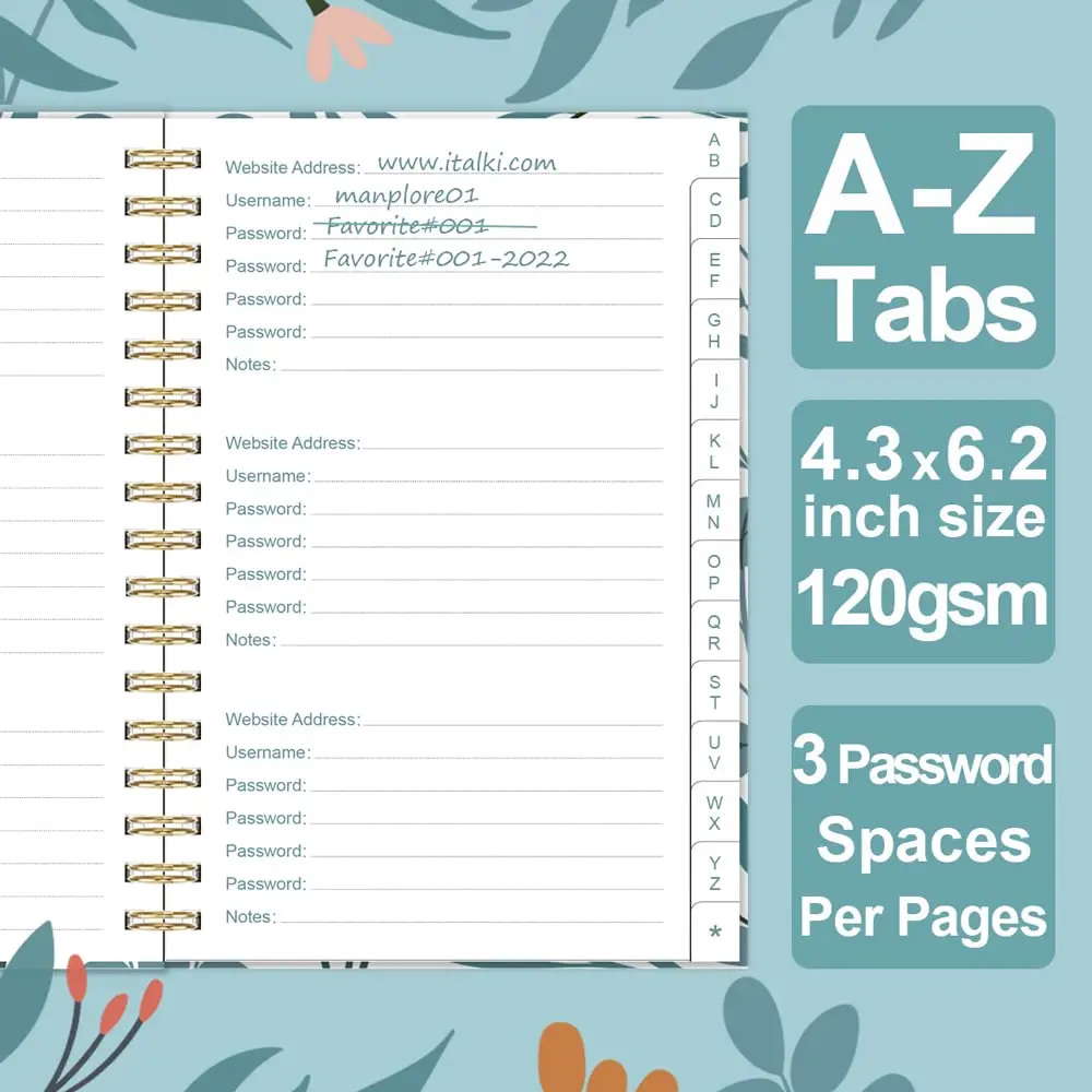 LABON Custom Size Simplified Password Book Keeper Journal Notebook With Alphabetical Tabs