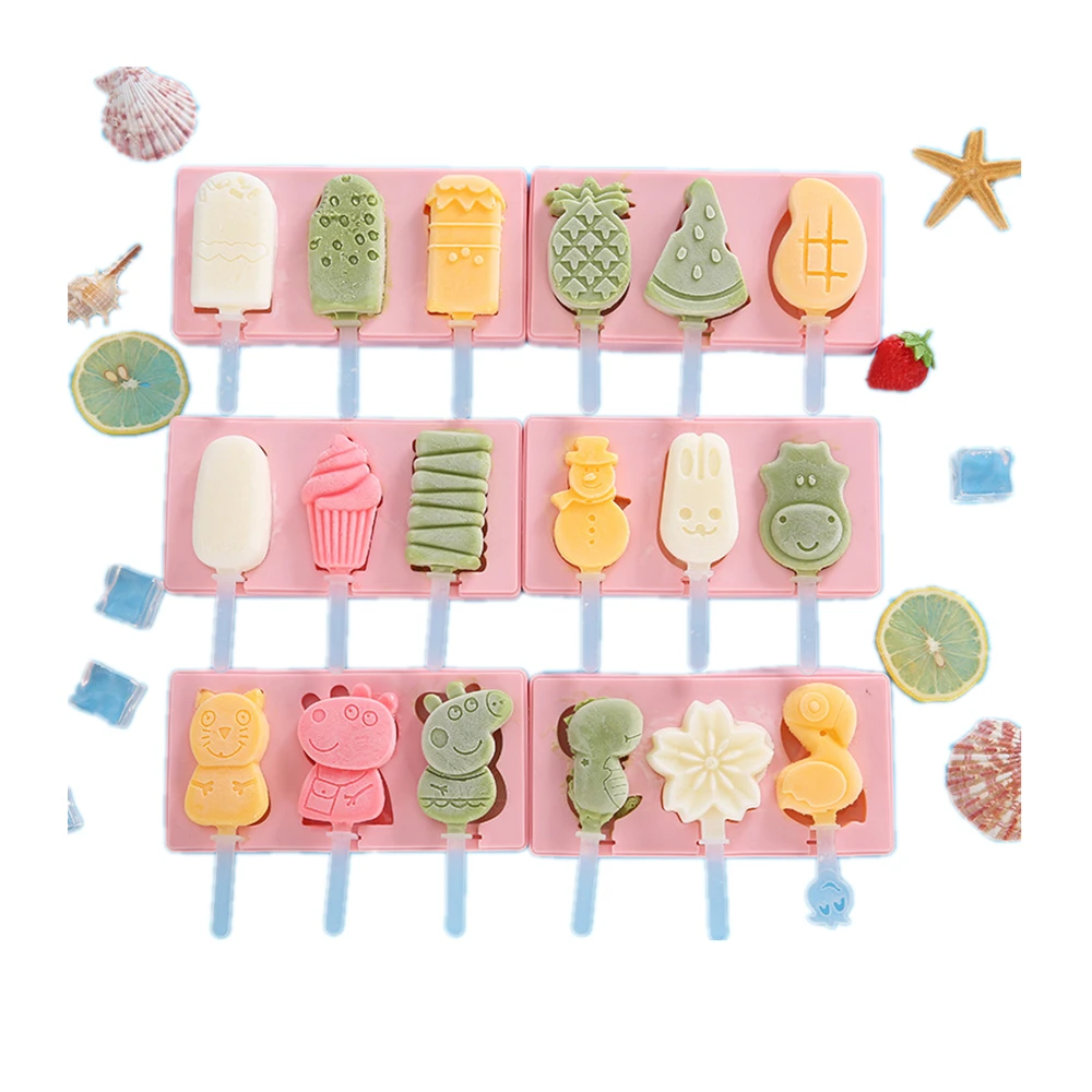 3 Cavities Cute Cartoon Design Pink Silicone Trays Ice Cube Mold Popsicle Cream Ice Pop Maker Moulds With Lids For Kids
