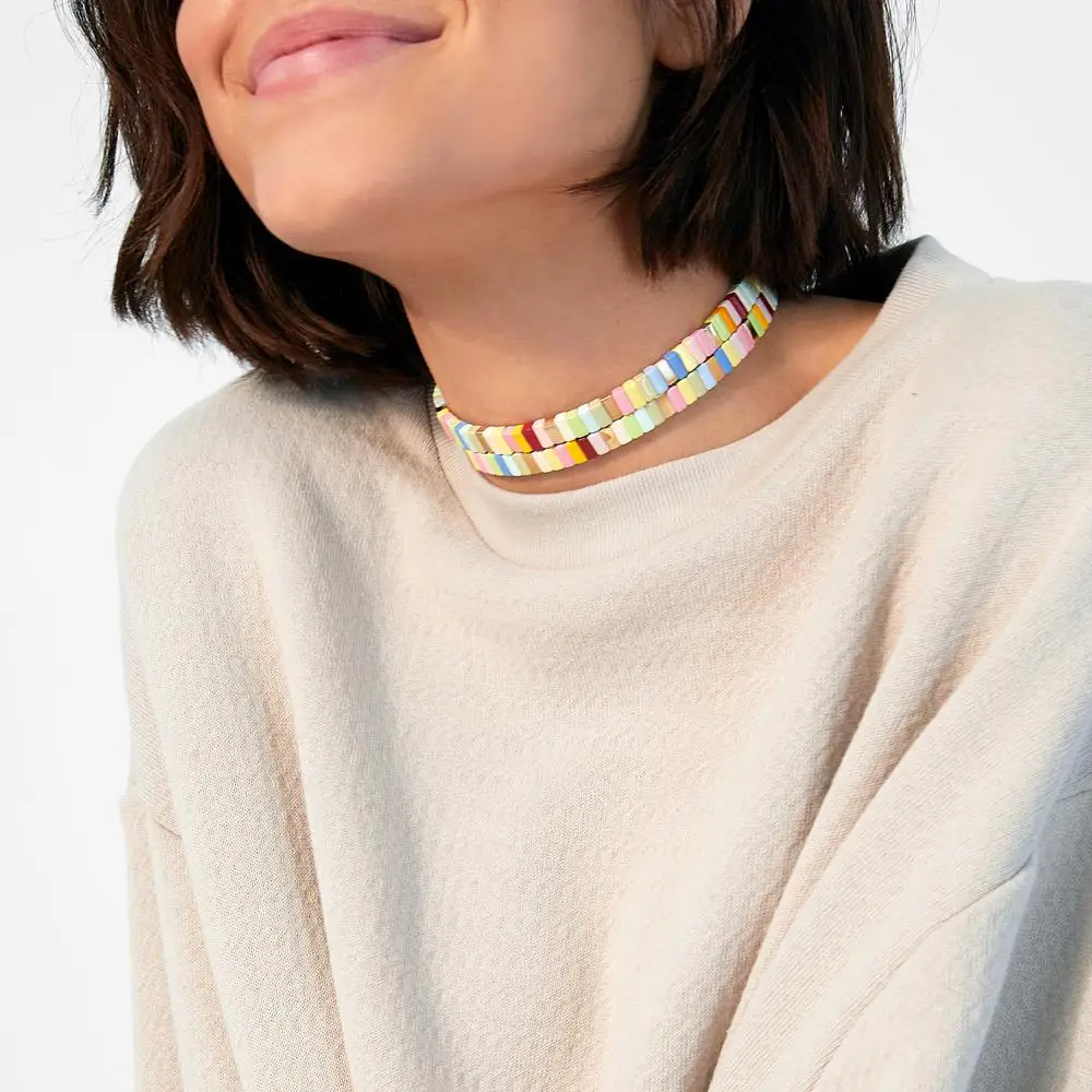 
Promotion Gift Fashion Enamel Jewelry Rainbow Colorful Pink Blue Yellow Colorful Metal Rainbow Bead Necklace Choker 